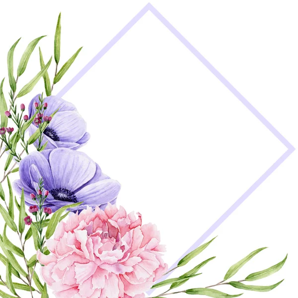 Card Watercolor Peony Anemones Eucalyptus Chamelaucium Sprigs Rhombus Frame Hand — Stock Photo, Image