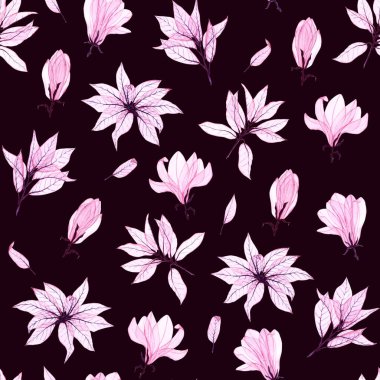 Suluboya manolya ve yapraklarla kusursuz desen. El boyası desenleri tekstil, hatıra defteri ve duvar kâğıdı için mükemmel. Görüntü