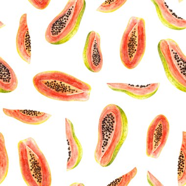 Parlak suluboya papaya 'nın kusursuz deseni. Beyazın rengarenk çizimi. Elle boyanmış meyveler moda tasarım, poster, kumaş tekstil, kartpostal, duvar kağıdı için mükemmel.