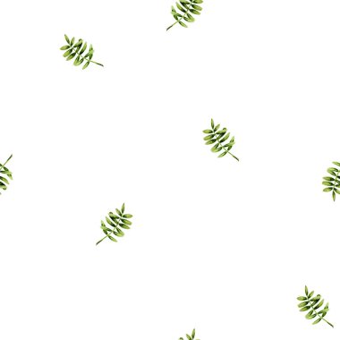 Sulu yeşil yaprakların kusursuz deseni. Kartvizit yapımı, klasik tasarım ve kumaş tekstili için beyaz üzerine izole edilmiş el yapımı yapraklar. Çizim oranı