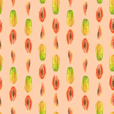 Parlak suluboya papaya 'nın kusursuz deseni. Ayrı renkli çizimler. Elle boyanmış meyveler moda tasarım, poster, kumaş tekstil, kartpostal, duvar kağıdı için mükemmel.