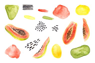 Suluboya papaya seti, soyut lekeler, fırça darbeleri. Beyaz üzerine izole edilmiş parlak bir illüstrasyon. Elle boyanmış meyveler moda tasarım, poster, kumaş tekstil, kartpostal, duvar kağıdı için mükemmel.