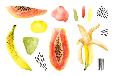 Bir dizi suluboya muz, papaya, soyut noktalar, fırça darbeleri. Beyaz üzerine izole edilmiş parlak bir illüstrasyon. Elle boyanmış meyveler moda tasarım, poster, kumaş tekstil, kartpostal, duvar kağıdı için mükemmel.