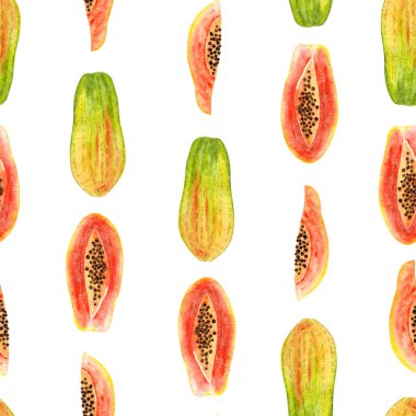 Parlak suluboya papaya 'nın kusursuz deseni. Beyazın rengarenk çizimi. Elle boyanmış meyveler moda tasarım, poster, kumaş tekstil, kartpostal, duvar kağıdı için mükemmel.