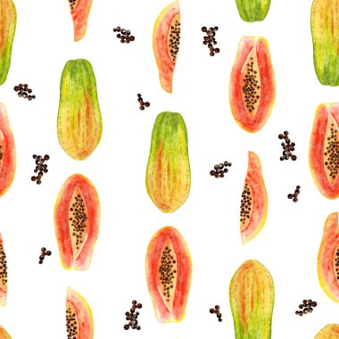 Parlak suluboya papaya tohumlu kusursuz desen. Beyazın rengarenk çizimi. Elle boyanmış meyveler moda tasarım, poster, kumaş tekstil, kartpostal, duvar kağıdı için mükemmel.