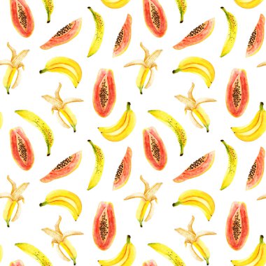 Parlak suluboya papaya ve muzdan kusursuz bir desen. Beyazın rengarenk çizimi. Elle boyanmış meyveler moda tasarım, poster, kumaş tekstil, kartpostal, duvar kağıdı için mükemmel.
