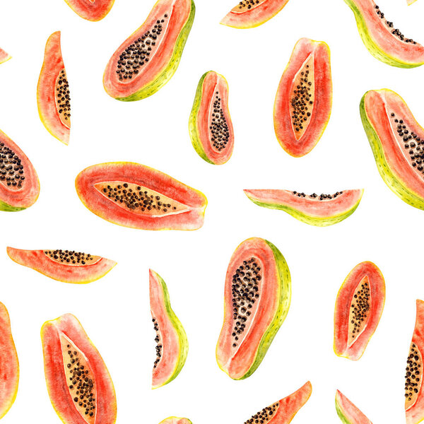 Бесшовный узор яркой акварельной папайи. Изолированная красочная иллюстрация на белом. Фрукты ручной работы идеально подходят для модного дизайна, плакат, ткань текстиль, открытка, обои
