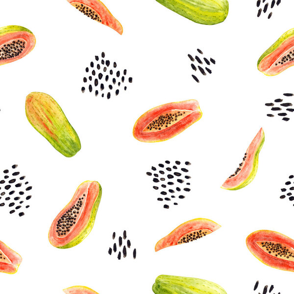Бесшовный рисунок акварельной папайи, абстрактных пятен, мазков кистью. Изолированная яркая иллюстрация на белом. Фрукты ручной работы идеально подходят для модного дизайна, плакат, ткань текстиль, открытка, обои
