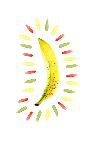 Υδατογραφία Μπανάνα Και Αφηρημένα Πολύχρωμα Σημεία Μεμονωμένη Φωτεινή Απεικόνιση Λευκό — Φωτογραφία Αρχείου