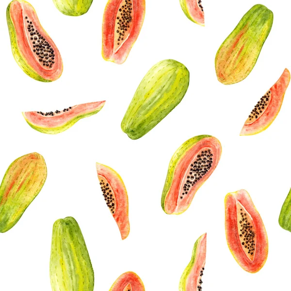 Parlak suluboya papaya 'nın kusursuz deseni. Beyazın rengarenk çizimi. Elle boyanmış meyveler moda tasarım, poster, kumaş tekstil, kartpostal, duvar kağıdı için mükemmel.