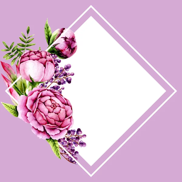 Ard Watercolor Pink Peonies Green Sprigs Purple Berries Template Hand — Stock Photo, Image