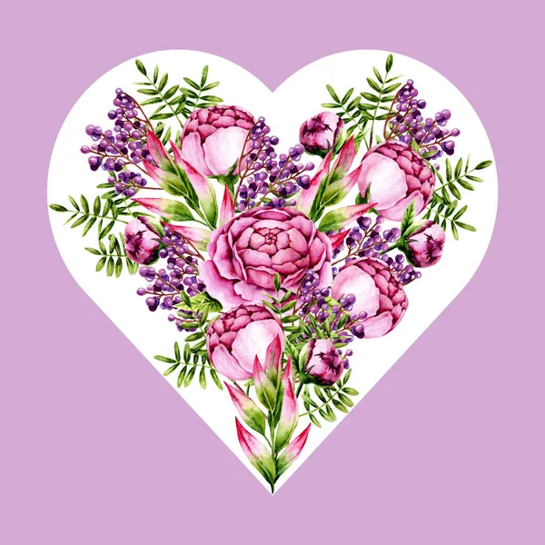 Bouquet Watercolor Peonies Sprigs Berries Heart Shape Template Hand Painted — Stock Photo, Image