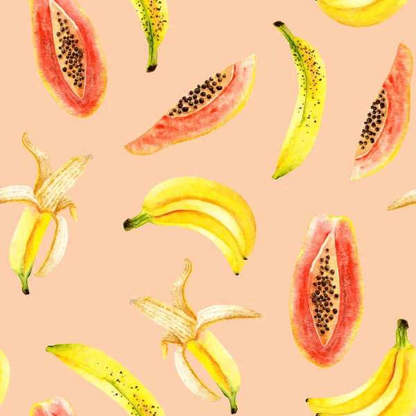 Padrão Sem Costura Mamão Aquarela Brilhante Bananas Isolada Ilustração Colorida — Fotografia de Stock