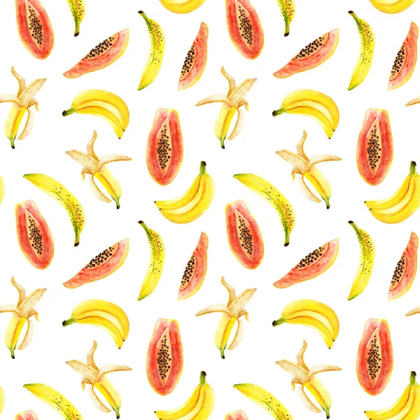 Padrão Sem Costura Mamão Aquarela Brilhante Bananas Isolada Ilustração Colorida — Fotografia de Stock