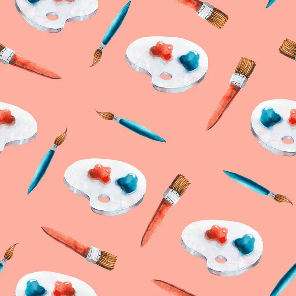 Naadloos Patroon Met Aquarelborstels Palet Met Verf Geïsoleerde Kleurrijke Illustratie — Stockfoto