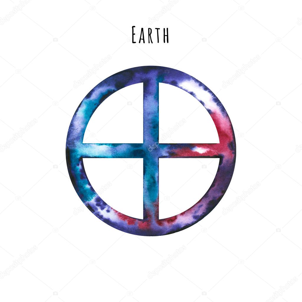 Watercolor symbol of Earth. Hand drawn illustration is isolated on white. Astrological sign is perfect for astrologer blog, horoscope background, astronomy design, interior poster