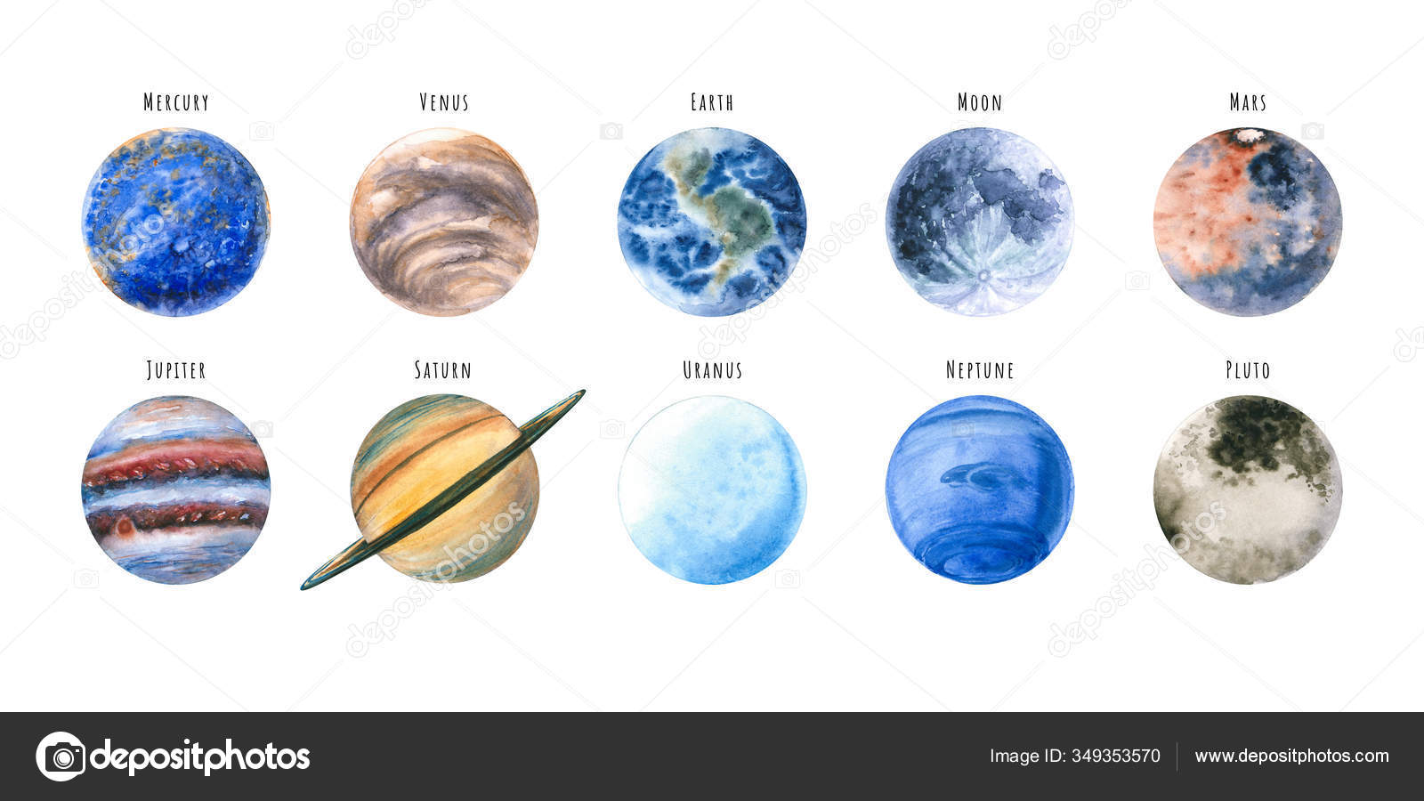 Set Watercolor Planets Moon Hand Drawn Illustration Isolated White Painted Stock Photo by ©volatsiukhai 349353570 Set Watercolor Planets Moon Hand Drawn Illustration Isolated White Painted Stock Photo by ©volatsiukhai 349353570