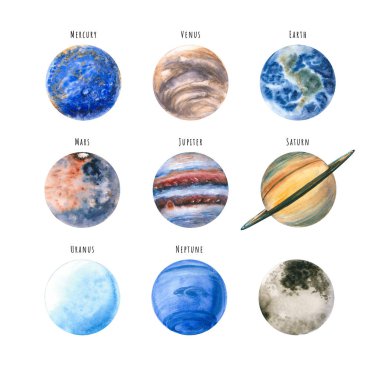 Bir dizi suluboya gezegen. El çizimi beyaza izole edilmiş. Boyalı koleksiyon astrolog blogu, iç poster, sosyal medya arka planı, bilim ve kozmik tasarım için mükemmeldir.