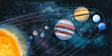 Gezegenli suluboya güneş sistemi. El çizimi çizimi. Boyalı evren astrolog blogu, iç duvar kağıdı, poster, dizüstü bilgisayar arka planı, bilim ve kozmik tasarım için mükemmeldir.