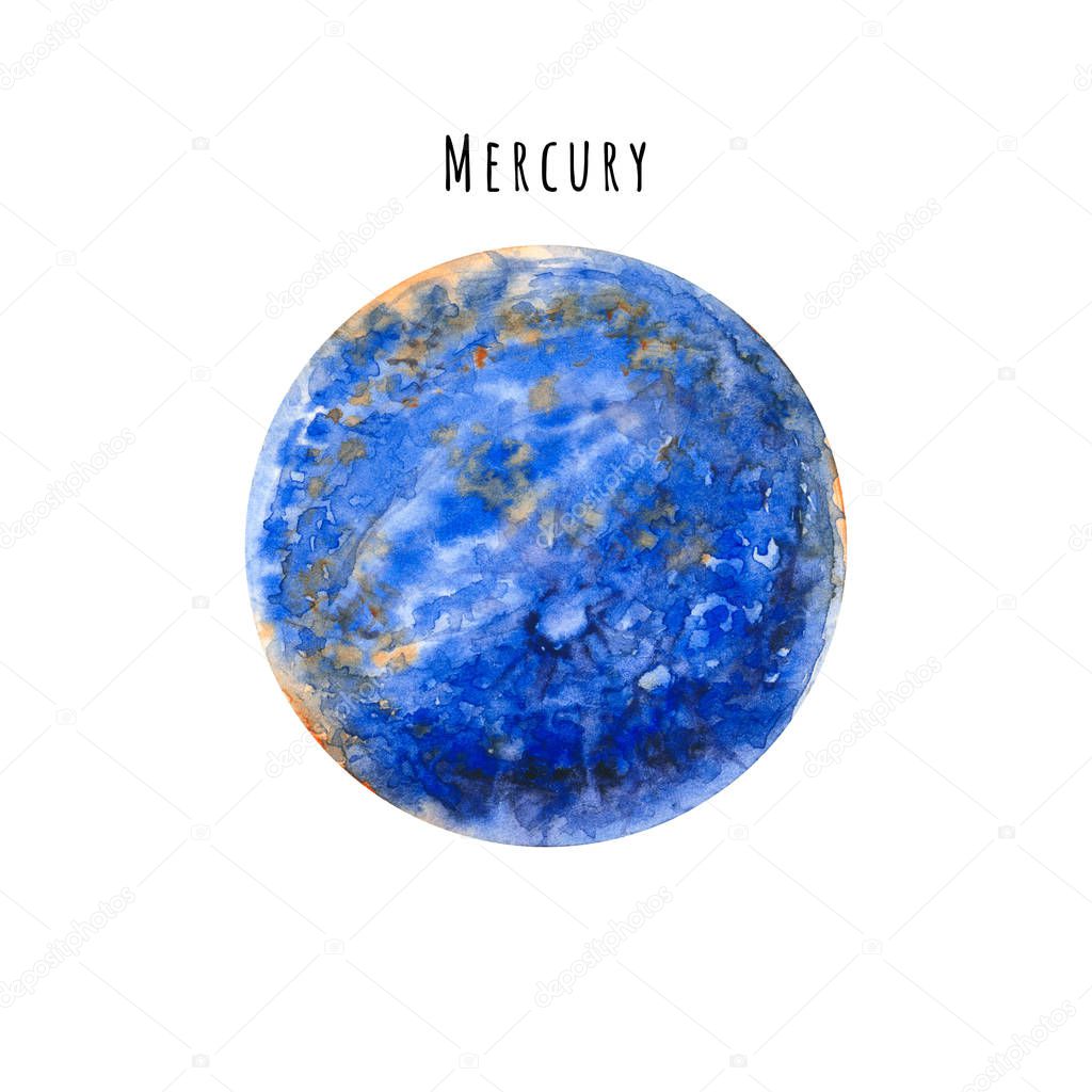 Watercolor Mercury. Hand drawn illustration is isolated on white. Painted planet is perfect for astrologer blog, interior poster, horoscope background, astrological and astronomy design