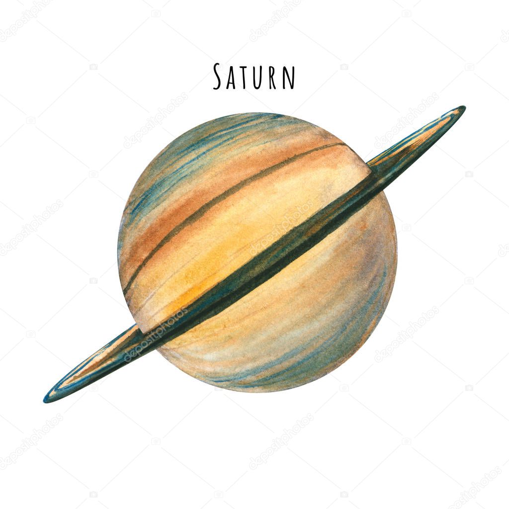 Watercolor Saturn. Hand drawn illustration is isolated on white. Painted planet is perfect for astrologer blog, interior poster, social media background, science and cosmic design
