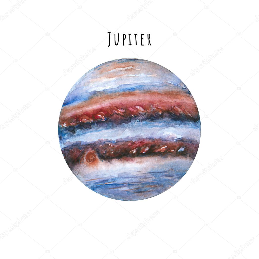 Watercolor Jupiter. Hand drawn illustration is isolated on white. Painted planet is perfect for astrologer blog, interior poster, social media background, science and cosmic design