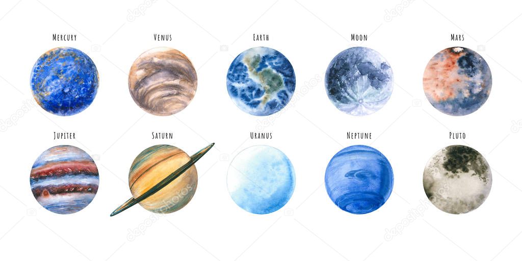 Set of watercolor planets and Moon. Hand drawn illustration is isolated on white. Painted collection is perfect for astrologer blog, interior poster, social media background, science and cosmic design