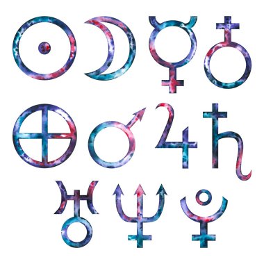 Suluboya astrolojik işaretler. El çizimi beyaza izole edilmiş. Gezegenlerin, Güneş 'in ve Ay' ın sembolleri astrolog, yıldız falı ve astronomi kartları tahminleri için mükemmeldir.