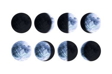 Watercolor moon phases. Hand drawn illustration isolated on white. Painted Earth satellite is perfect for astrologer, interior wallpaper, poster, laptop background, science and cosmic design clipart