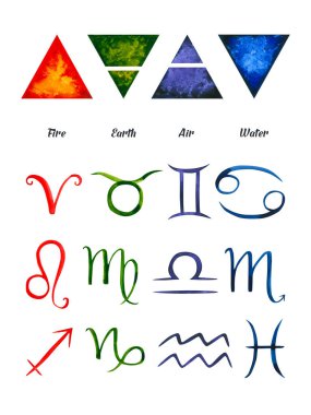 Suluboya burç işaretleri ve doğal elementler. El çizimi beyaza izole edilmiş. Boyalı semboller astrolog, astrolojik tahminler, yıldız falı tasarımı ve iç mekan posteri için mükemmeldir.