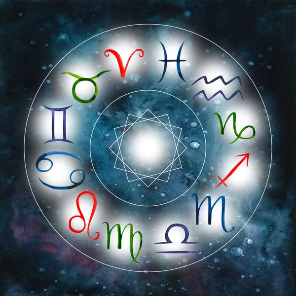 水彩画黄道带圈 手绘插图 带有标志的彩绘星象轮非常适合占星家 占星术预测 星象设计 内部海报 — 图库照片