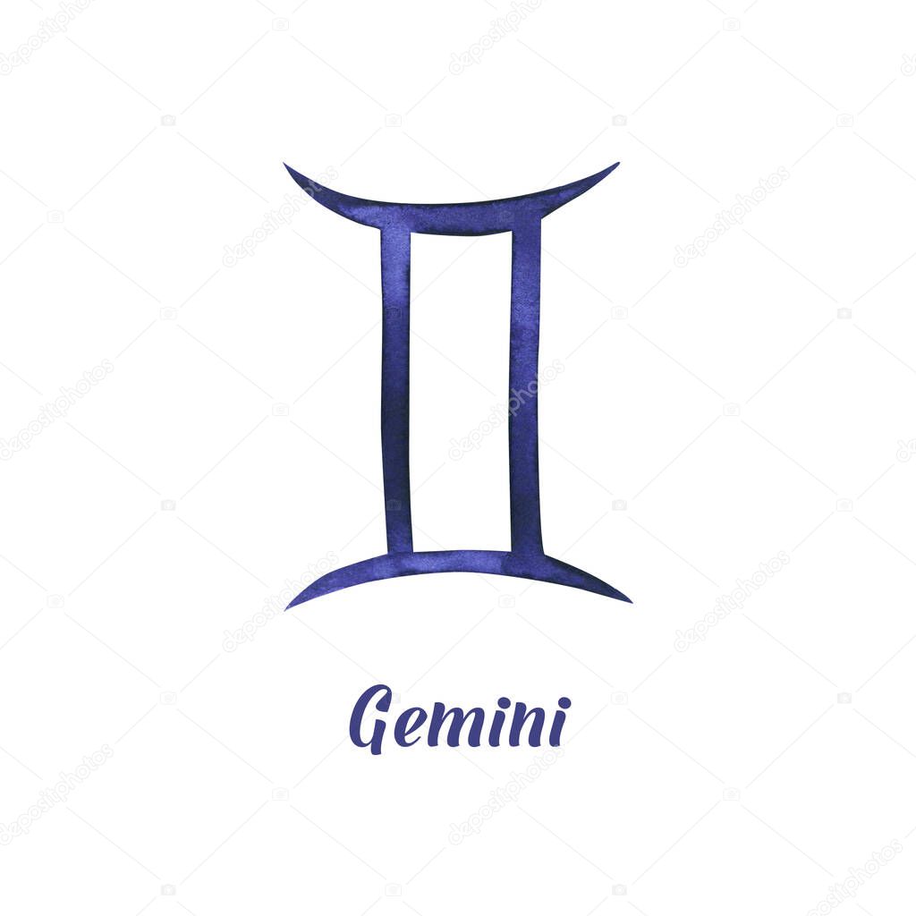 Watercolor Gemini sign. Hand drawn illustration is isolated on white. Painted zodiac sign is perfect for astrologer, astrological forecast, horoscope background, tattoo design