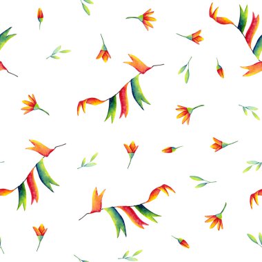 Suluboya çiçeklerinin, yaprakların ve bayrakların kusursuz deseni. Beyazda izole edilmiş renkli çizimler. Kart yapımı, duvar kâğıdı, klasik tasarım ve kumaş tekstili için mükemmel bir el boyası şablonu.