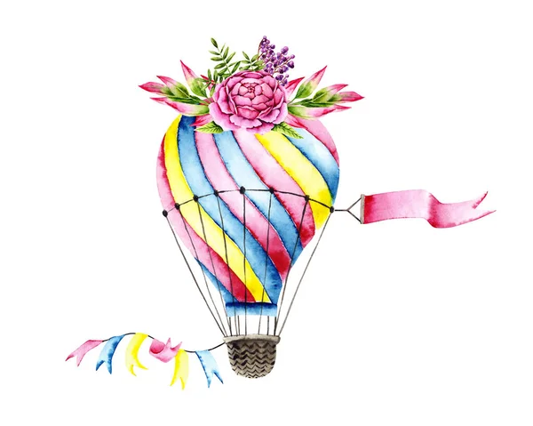 Watercolor Colorful Air Balloon Bouquet Colorful Illustration Isolated White Hand — Stockfoto