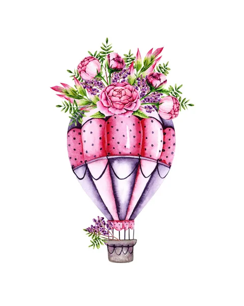 Watercolor Air Balloon Bouquet Colorful Illustration Isolated White Hand Painted — Stockfoto