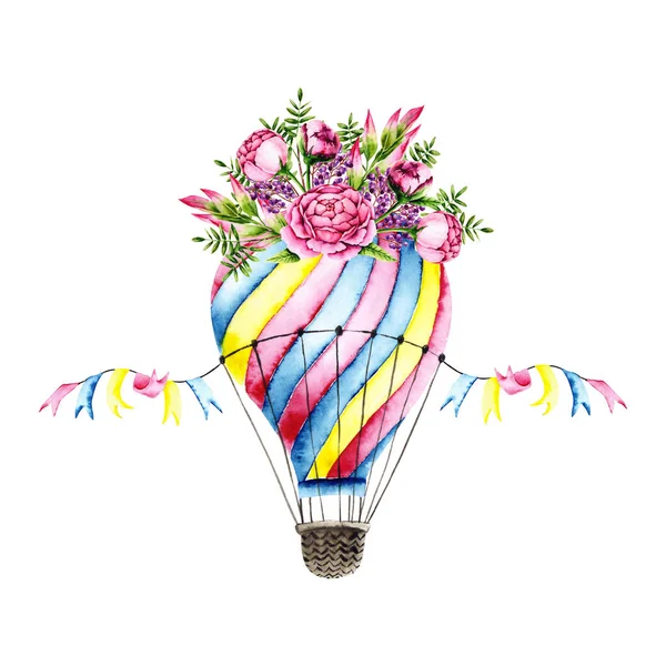 Watercolor Air Balloon Bouquet Colorful Illustration Isolated White Hand Painted — Stockfoto