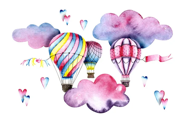 Watercolor Colorful Air Balloons Clouds Hearts Colorful Illustration Isolated White — Stockfoto