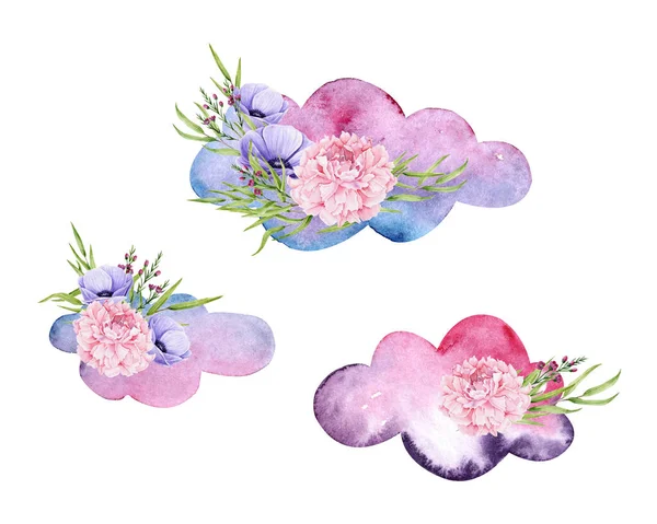 Watercolor Clouds Bouquet Colorful Illustration Isolated White Hand Painted Elements — Stockfoto