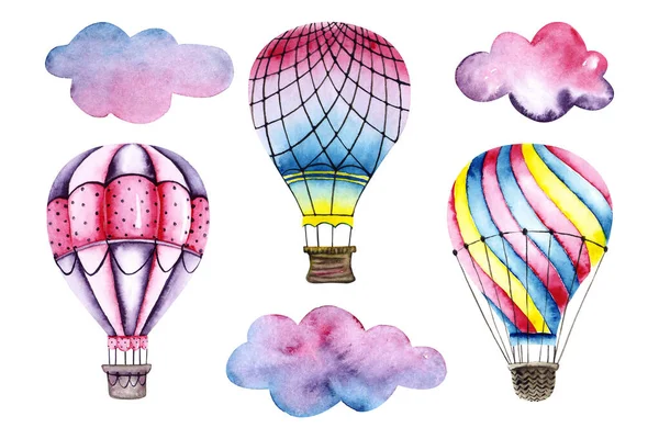 Set of watercolor air balloons with clouds. Colorful illustration isolated on white. Hand painted airship perfect for children\'s wallpaper, fabric textile, interior design, card making