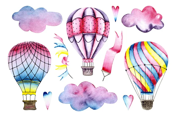 Set of watercolor air balloons, clouds, flags, hearts. Colorful illustration isolated on white. Hand painted elements perfect for wallpaper, fabric textile, interior design, card making