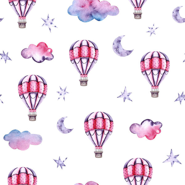 Modèle Sans Couture Ballons Air Aquarelle Nuages Lune Étoiles Illustration — Photo