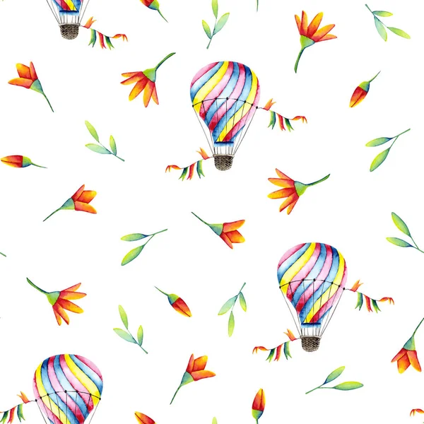 Seamless Pattern Watercolor Balloons Flowers Colorful Illustration Isolated White Hand — Stockfoto