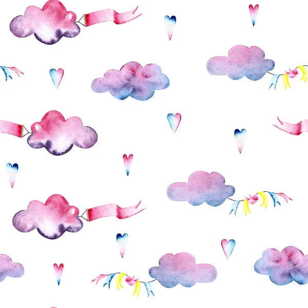 Seamless pattern of watercolor colorful clouds  with flags and hearts. Illustration isolated on white. Hand painted template perfect for children's wallpaper, fabric textile, card making