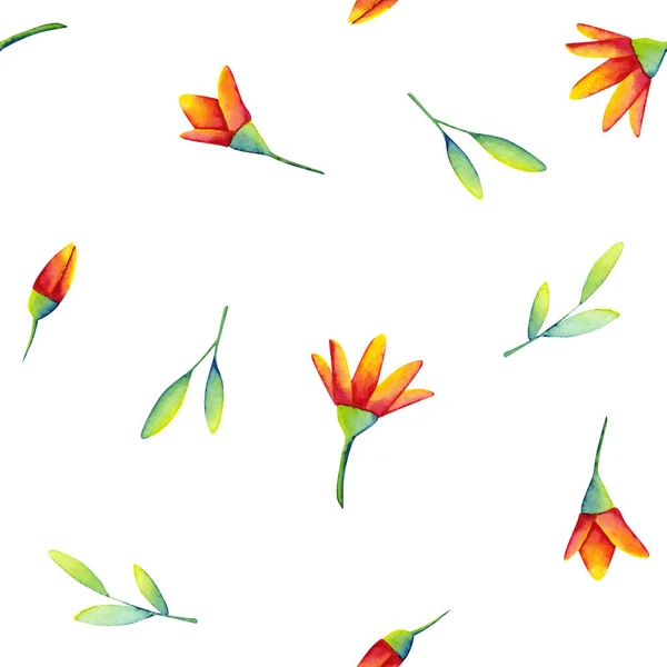 Seamless Pattern Watercolor Colorful Flowers Leaves Illustration Isolated White Hand — Stock Photo, Image