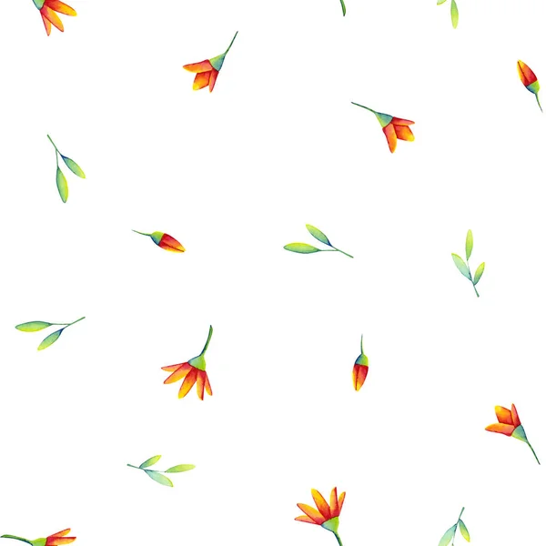 Безшовний Візерунок Акварельних Квітів Листя Барвисті Ілюстрації Ізольовані Білому Пофарбований — стокове фото