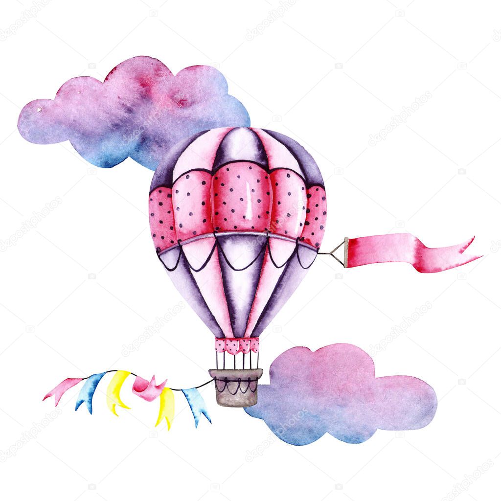 Watercolor colorful air balloon with clouds and flags. Colorful illustration isolated on white. Hand painted airship perfect for children's wallpaper, fabric textile, interior design, card making