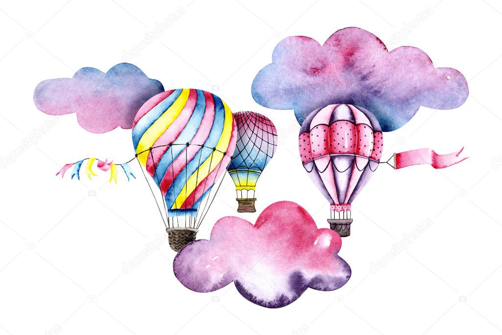 Watercolor colorful air balloons with clouds and flags. Colorful illustration isolated on white. Hand painted airship perfect for children's wallpaper, fabric textile, interior design, card making