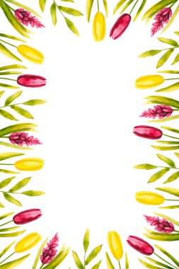 Çiçek desenli suluboya. El çizimi beyaza izole edilmiş. Boyanmış çiçek çelengi tebrik kartı, iç poster, duvar kağıdı, kumaş tekstil, düğün davetiyesi, logo için mükemmeldir.