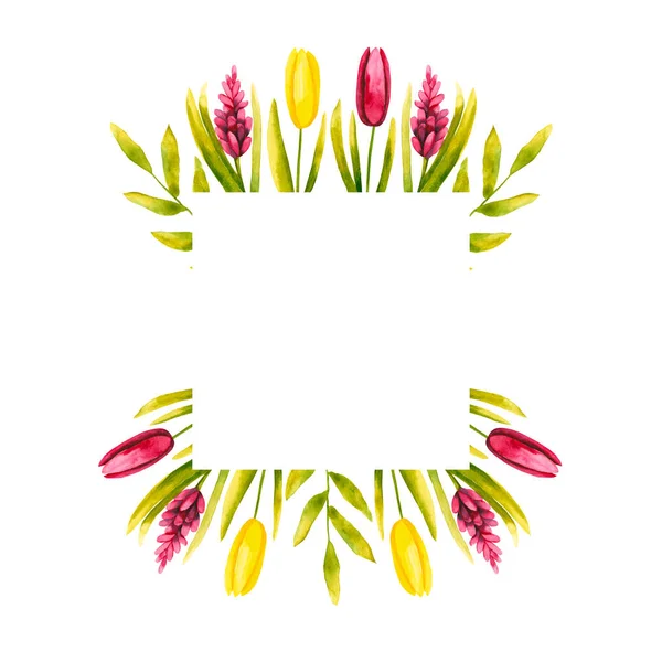 Akvarell Fyrkantig Blommig Ram Handritad Illustration Isolerad Vitt Målade Blommor — Stockfoto