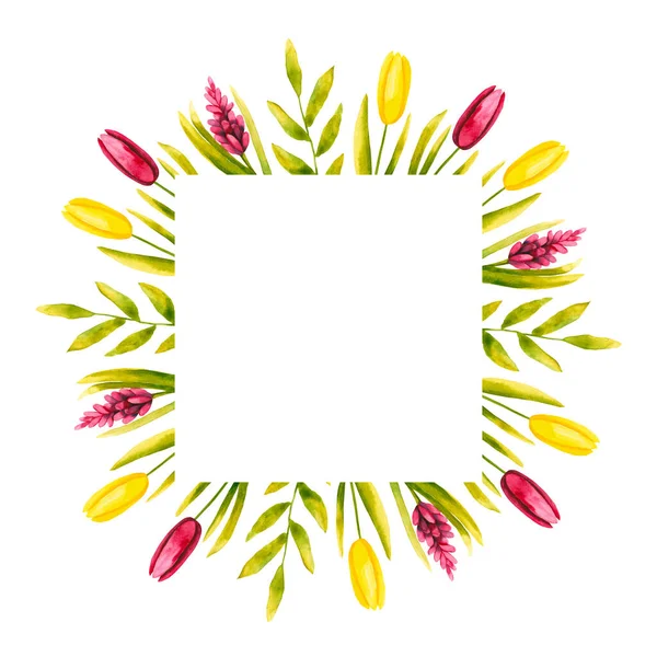 Moldura Floral Quadrado Aquarela Ilustração Desenhada Mão Isolada Branco Flores — Fotografia de Stock